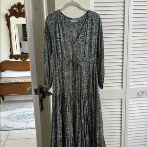 Blue and Brown Paisley Tiered Maxi Dress by Realisation Par